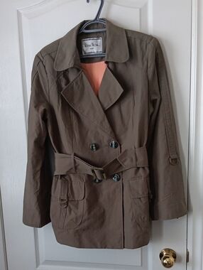 Votre Nom Olive-Green Double-Breasted Trench Coat with Belt